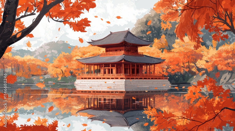 Obraz premium An illustration of an autumn landscape featuring a traditional Japanese-style temple surrounded by orange trees
