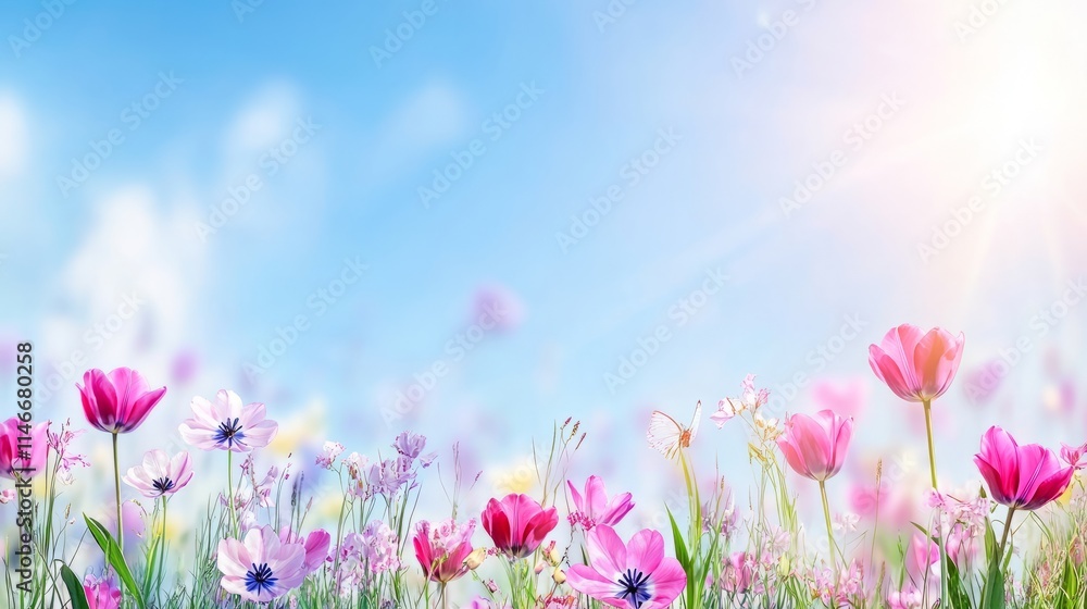 Sunny Spring Meadow with Blooming Flowers and Butterfly Sunny Spring Meadow with Blooming Flowers and Butterfly