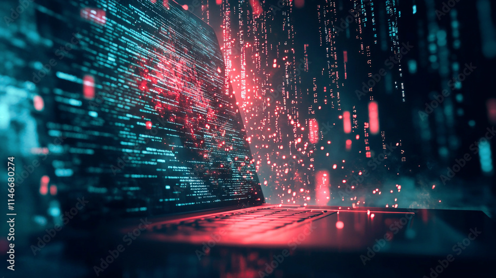 Obraz premium Abstract representation of coding and software development featuring lines of code on a computer screen. A sleek technology-themed background highlights programming, innovation, and digital progress