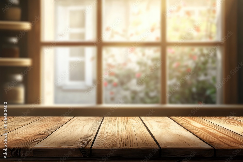 Empty wood table top on blur window sill and kitchen shelf background Empty wood table top on blur window sill and kitchen shelf background