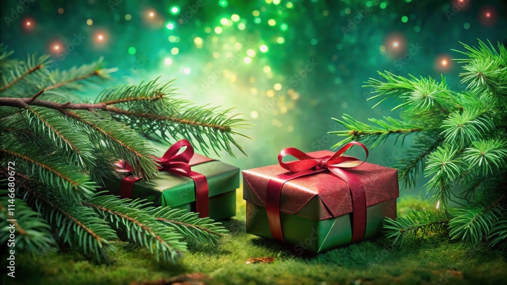A magical Christmas scene with green gift boxes adorned with red ribbons nestled amongst lush evergreen branches, illuminated by warm, twinkling lights. A magical Christmas scene with green gift boxes adorned with red ribbons nestled amongst lush evergreen branches, illuminated by warm, twinkling lights.