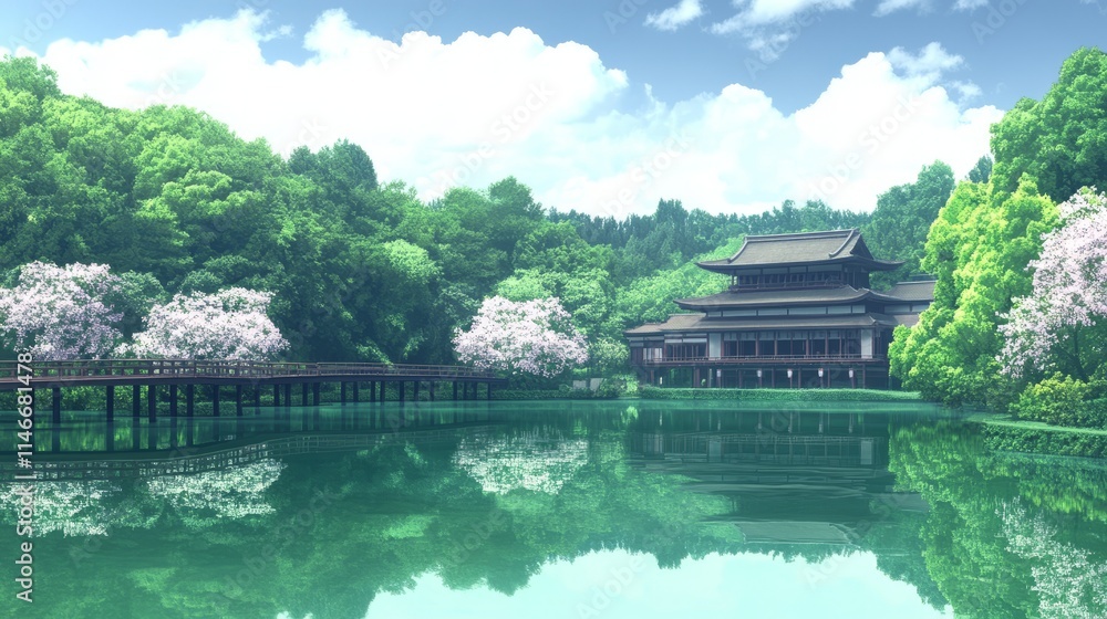 Tranquil Temple Pond with Blossoming Trees and Wooden Bridge Tranquil Temple Pond with Blossoming Trees and Wooden Bridge