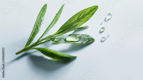 delicate rosemary sprig with several oil drops glistens on light background, showcasing its vibrant green leaves and fresh appearance. image evokes sense of freshness and natural beauty