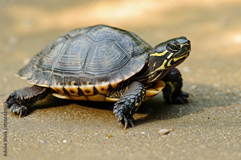 Detailed Close-Up of a Turtle Crawling on Sandy Beach Detailed Close-Up of a Turtle Crawling on Sandy Beach
