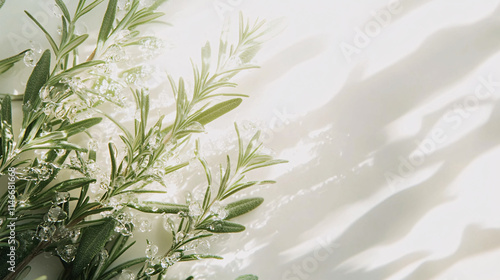 serene image of rosemary bouquet with droplets, showcasing its vibrant green leaves and delicate shadows. composition evokes sense of calm and freshness
