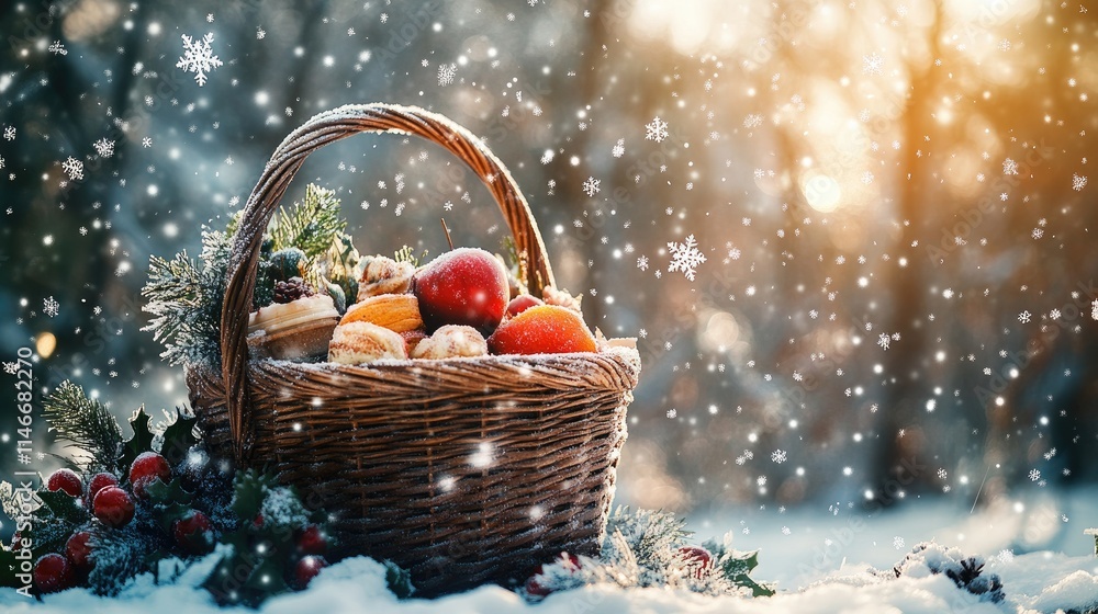 Basket with Christmas decor in a snowy forest. Selective focus. Basket with Christmas decor in a snowy forest. Selective focus.