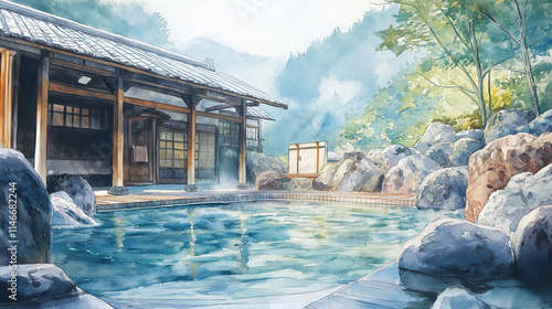 和風旅館で過ごす温泉旅行：春から夏への移ろいを捉えた日本の露天風呂水彩画風景イラスト