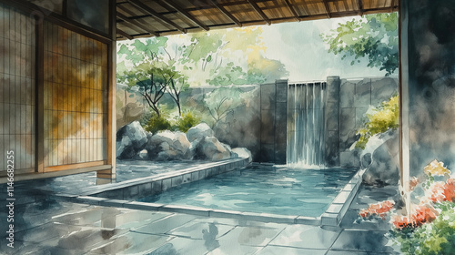 和風旅館で過ごす温泉旅行：秋から冬への移ろいを捉えた日本の露天風呂水彩画風景イラスト