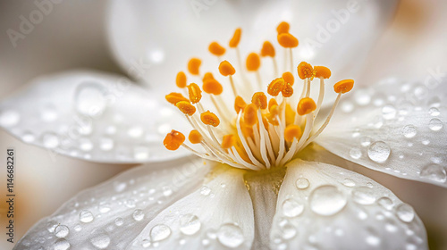 visually striking macro shot of orange blossom with delicate petals and glistening water droplets, showcasing natures beauty and intricate details