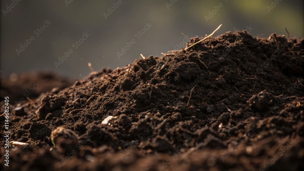 Fototapeta premium A close-up image showcasing the rich texture of dark brown soil, illuminated by the soft glow of sunlight.