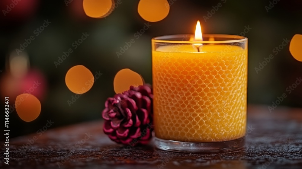 Warm candlelight with festive pinecone decoration Warm candlelight with festive pinecone decoration