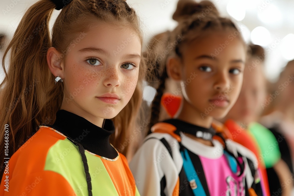 Close-up of girls, colorful clothing, serious expressions. Close-up of girls, colorful clothing, serious expressions.