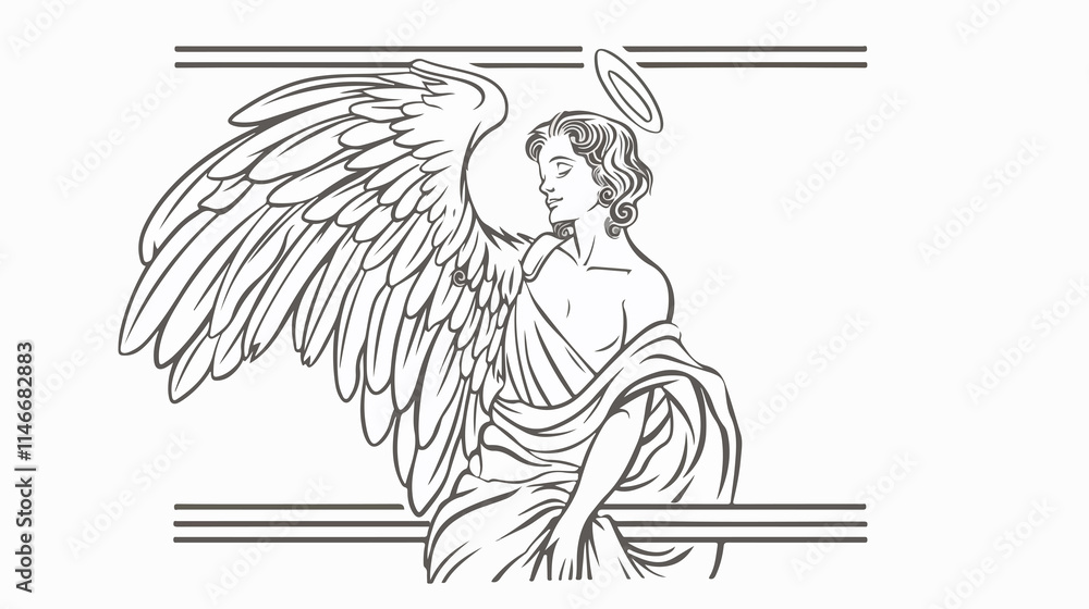 Fototapeta premium Angel Cartoon Simple Outline Schematic Black and White