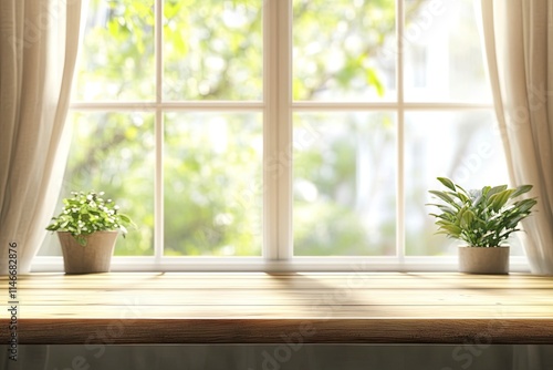 Empty wood table top on blur window sill and kitchen shelf background 