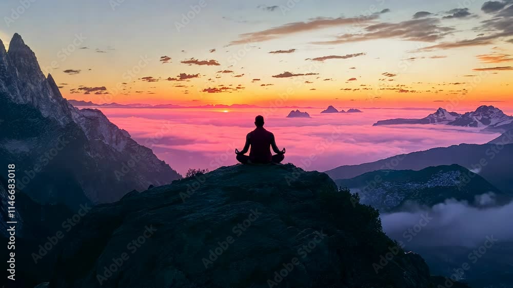 A meditating man figure on a mountain peak at sunrise, surrounded by clouds and a vibrant sky