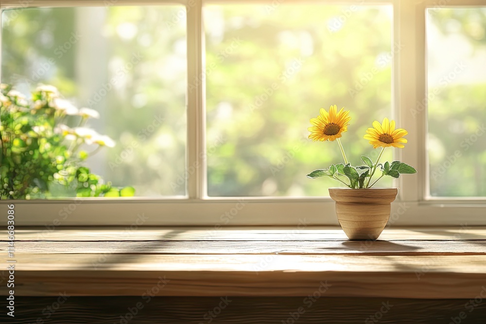 Empty wood table top on blur window sill and kitchen shelf background Empty wood table top on blur window sill and kitchen shelf background