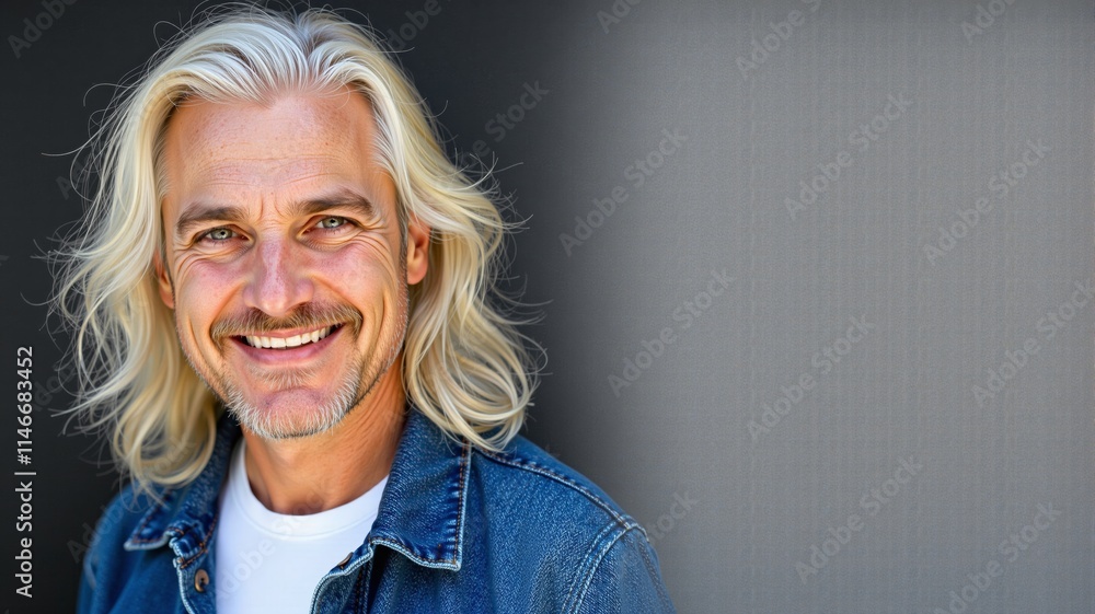 Joyful middle-aged man with long hair wearing a denim jacket against a neutral background Joyful middle-aged man with long hair wearing a denim jacket against a neutral background