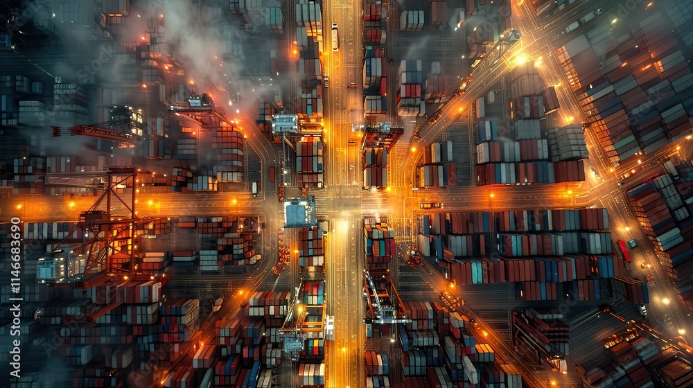 Aerial view of a busy shipping port illuminated at night, showcasing containers and traffic. Aerial view of a busy shipping port illuminated at night, showcasing containers and traffic.