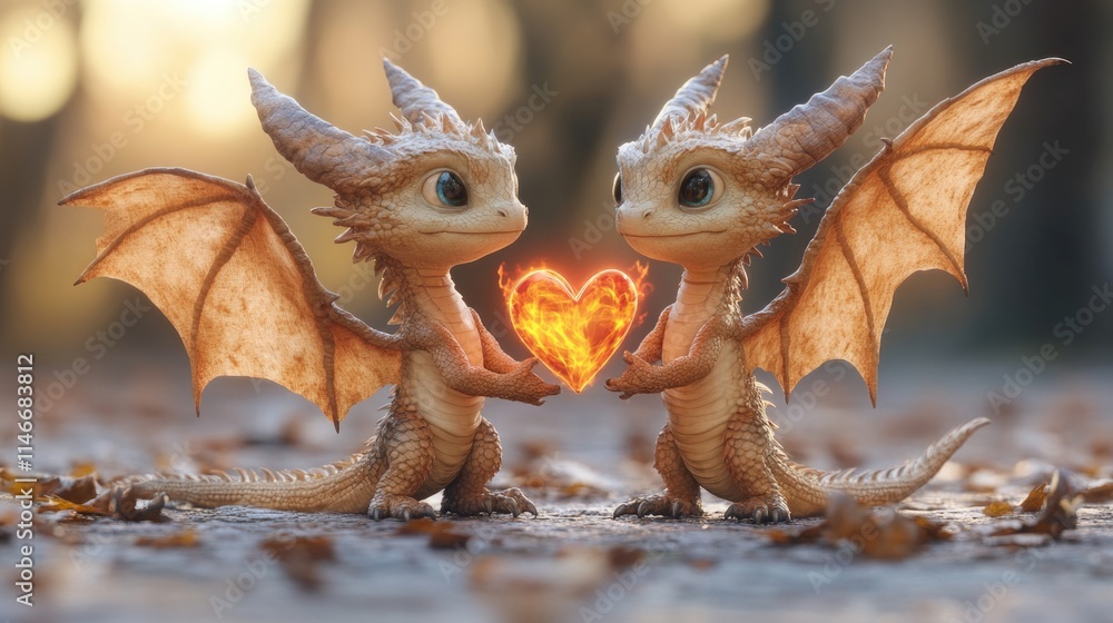 Two baby dragons holding a heart-shaped flame in autumn. The 14th of February. Happy Valentine's Day Two baby dragons holding a heart-shaped flame in autumn. The 14th of February. Happy Valentine's Day