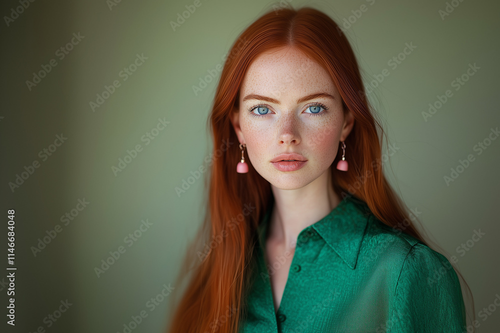 A serious portrait of an Irish woman wearing New Year's earrings. A serious portrait of an Irish woman wearing New Year's earrings.