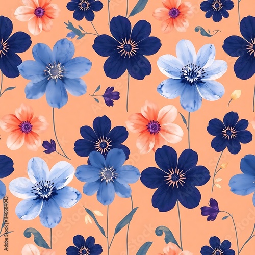 Peachy Floral Pattern: A delicate and delightful seamless pattern featuring vibrant blue and coral flowers on a warm peach background. Perfect for adding a touch of spring to your designs.