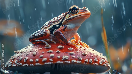 A detailed image of a frog sitting on a mushroom cap in a wet forest, with natural light highlighting its vivid colors, captured with a professional camera. photo