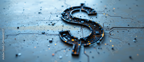 A striking digital dollar sign, intricately designed with circuit patterns, representing modern finance. photo