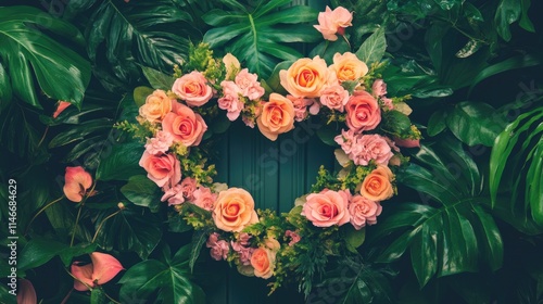 Wallpaper Mural Heart-shaped floral arrangement with pink roses and lush green leaves. The 14th of February. Happy Valentine's Day Torontodigital.ca