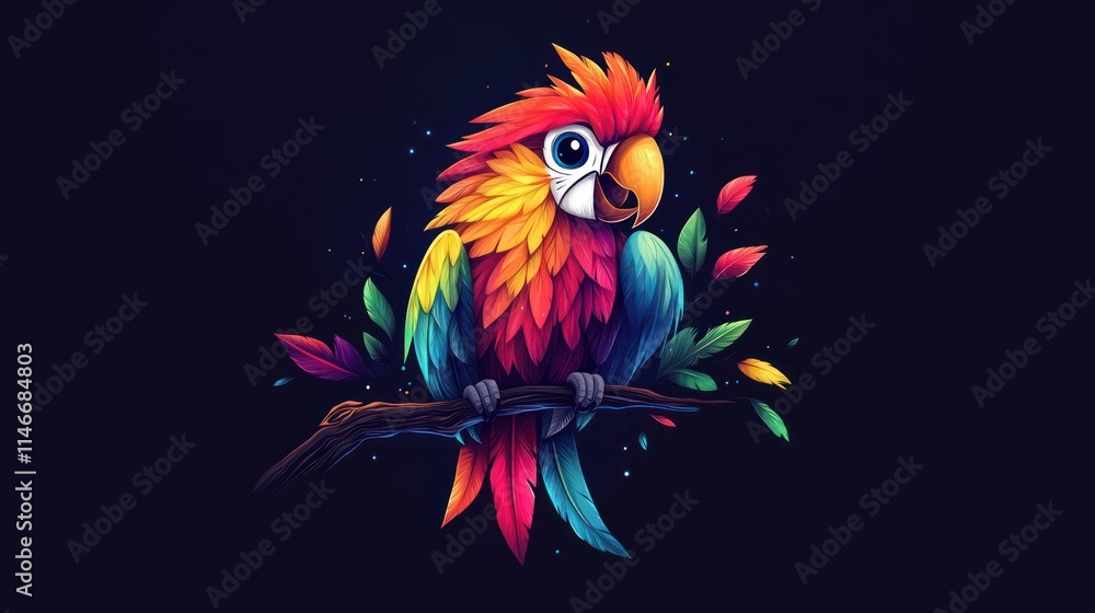 A vibrant, colorful parrot perched on a branch with leaves, set against a dark background. A vibrant, colorful parrot perched on a branch with leaves, set against a dark background.