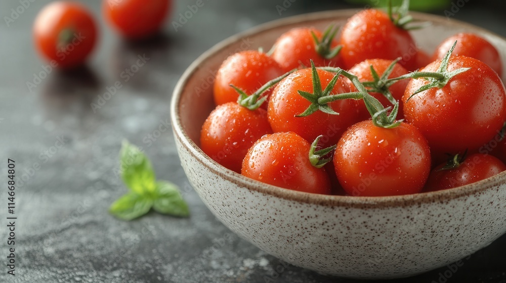 A bowl of fresh cherry tomatoes with green stems, glistening with moisture. A bowl of fresh cherry tomatoes with green stems, glistening with moisture.