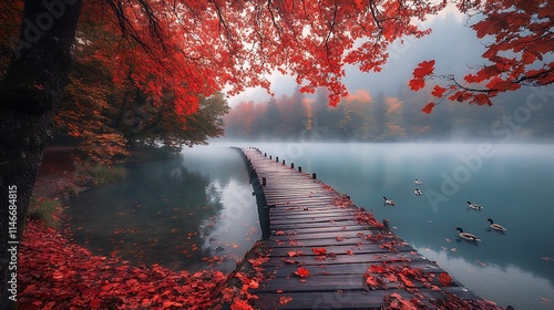 A foggy morning at a wooden pier stretching over a serene lake, with ducks gliding across the glassy surface. photo