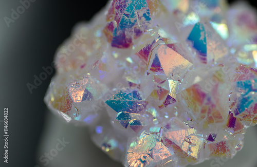 A rainbow aura quartz crystal cluster radiates vibrant, iridescent hues, combining natural beauty with mystical energy and gemstone brilliance, isolated in studio