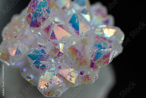A rainbow aura quartz crystal cluster radiates vibrant, iridescent hues, combining natural beauty with mystical energy and gemstone brilliance, isolated in studio