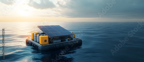 A solar-powered floating platform on calm ocean waters, showcasing sustainable technology and innovation in renewable energy photo