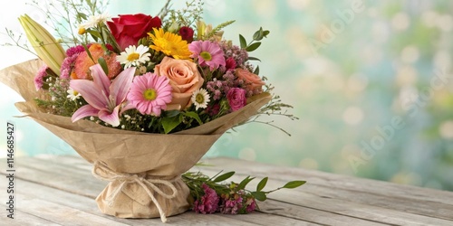 Wallpaper Mural A vibrant bouquet of assorted flowers wrapped in brown paper, tied with twine, resting on a rustic wooden table with a soft, blurred background. Torontodigital.ca