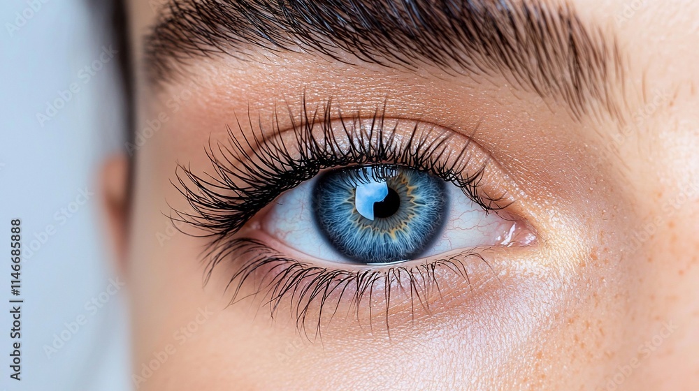Fototapeta premium Close-up of a beautiful blue eye with long eyelashes and defined eyebrows.