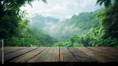 Empty wood table top with blur background of nature lush green forest. The table giving copy space for placing advertising product on the table along with beautiful green forest nature background.  photo