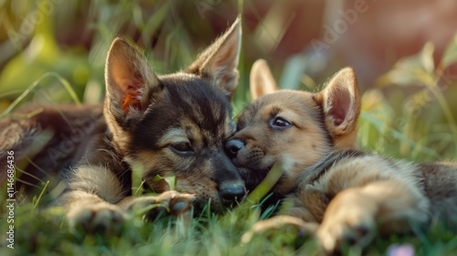 Wallpaper Mural Adorable Puppies Cuddling in Grass Torontodigital.ca