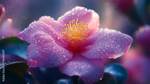 A highly detailed, camera-captured shot of mist-covered flower petals, with water droplets magnifying their vibrant colors. photo