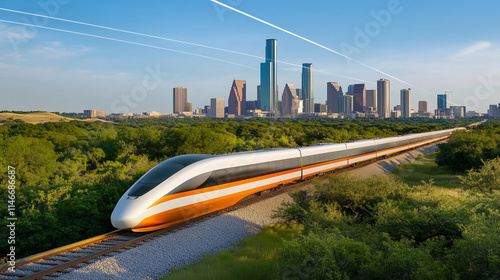 High-speed train running outside a modern city