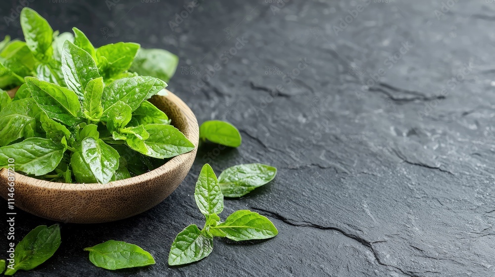 Fresh basil leaves in wooden bowl on dark stone background. Fresh basil leaves in wooden bowl on dark stone background.