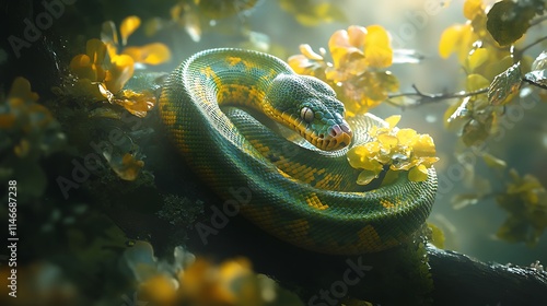 A high-resolution, camera-captured photo of a vibrant green tree python coiled gracefully around a branch, its scales gleaming under soft natural light. photo