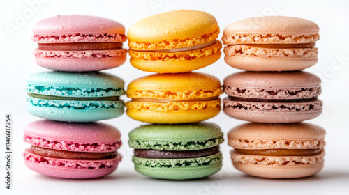 A stack of traditional french macaroons on a white background