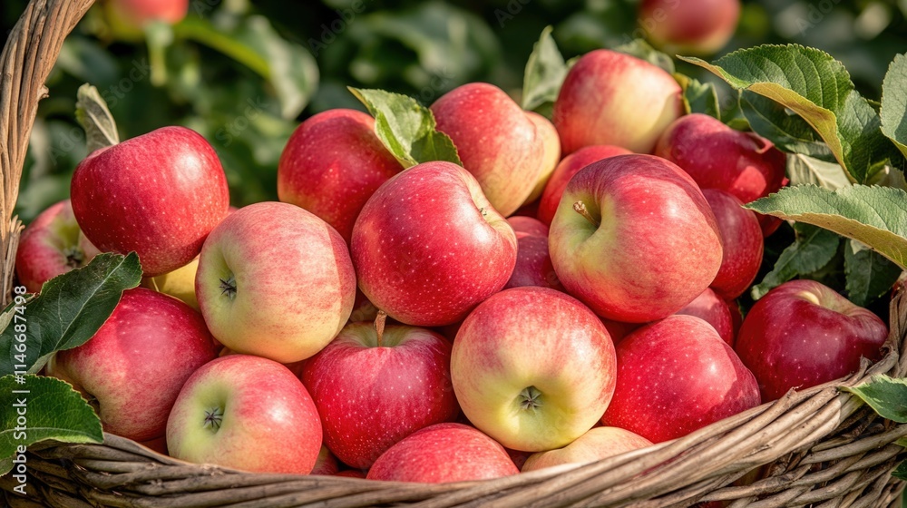 Fresh red apples in wicker basket among green leaves in orchard Apple Gifting Day Fresh red apples in wicker basket among green leaves in orchard Apple Gifting Day