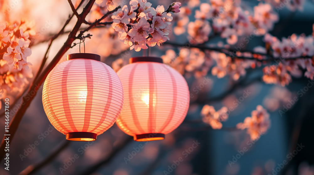 Fototapeta premium Lanterns hanging on the tree at dusk