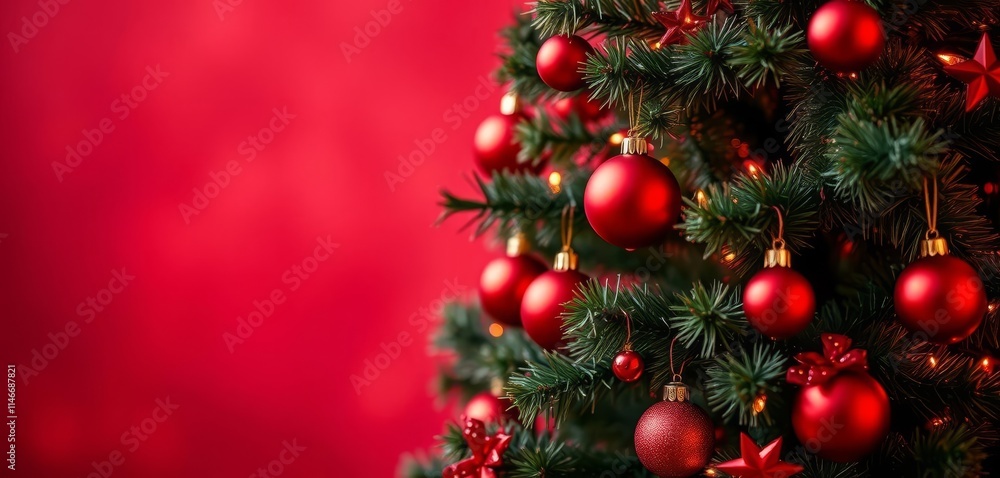Fototapeta premium A Festive Christmas Tree Adorned with Sparkling Red Ornaments Against a Rich Red Background