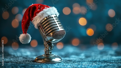 A vintage microphone wears a Santa hat for Christmas