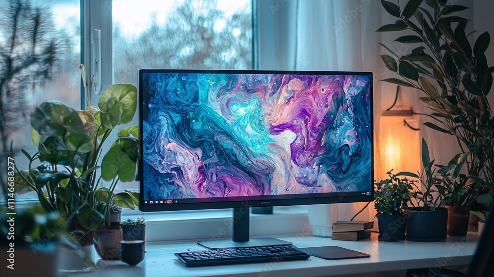 Fototapeta premium Vibrant abstract artwork displayed on a modern computer monitor, surrounded by houseplants on a white desk near a window.
