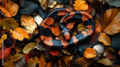 A lifelike image of a brightly colored coral snake slithering through a bed of fallen leaves, its vivid patterns sharply captured through a macro camera lens. photo