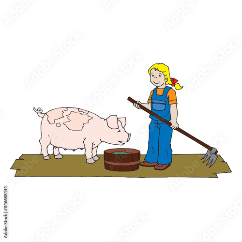 Little girl feeds pig Cartoon character.